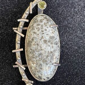 Sterling Oval Fossil Jasper Pendant with Peridot Accent